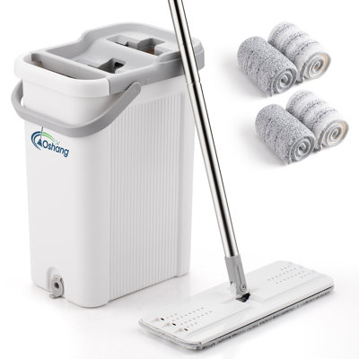 Vadrouille plate et seau Oshang OG2 - Vadrouille de nettoyage de sol sans main - 4 tampons de microfibre inclus