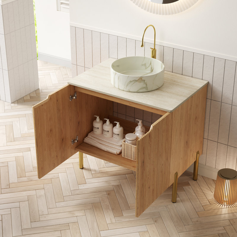 Meuble-lavabo de 30 po avec lavabo, armoire de rangement en contreplaqué, comptoir en pierre, style moderne