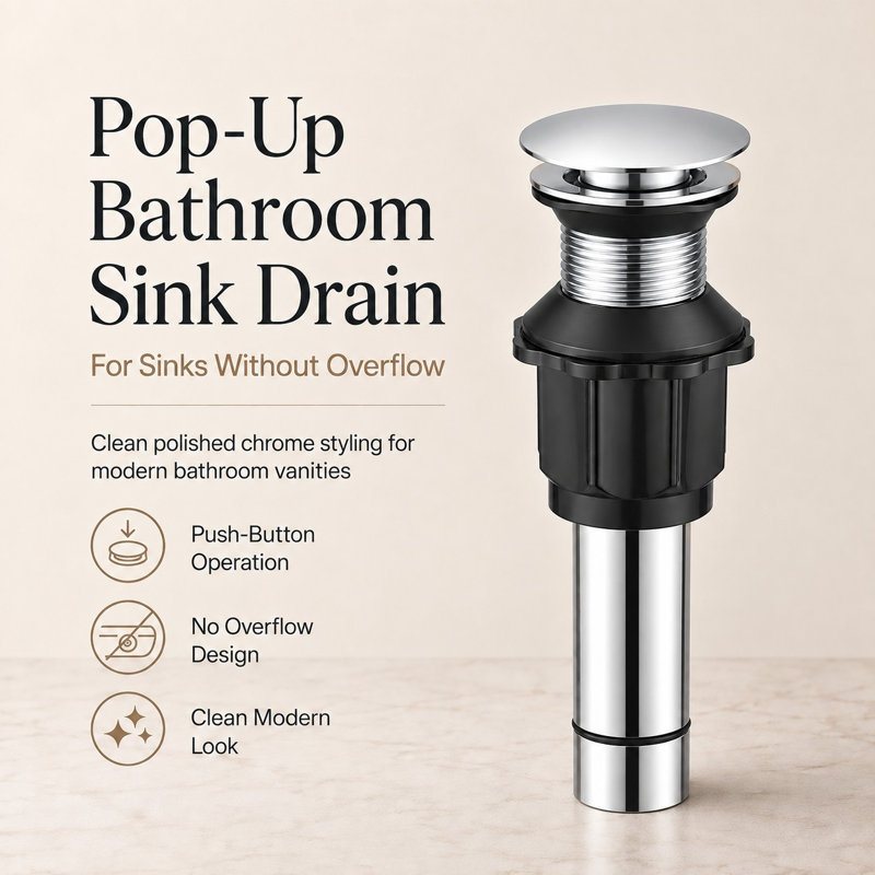 Drain escamotable en acier inoxydable pour lavabo de salle de bain sans trop-plein, Chrome poli