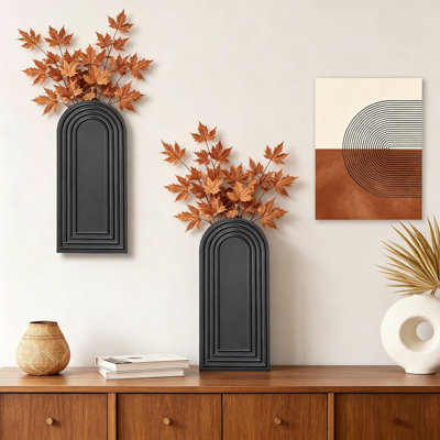 Ensemble de 2 vases muraux en bois, finition noire, décor de maison de campagne moderne et bohème pour entrée, couloir, salle de bain, salon, salle à manger, espaces étroits