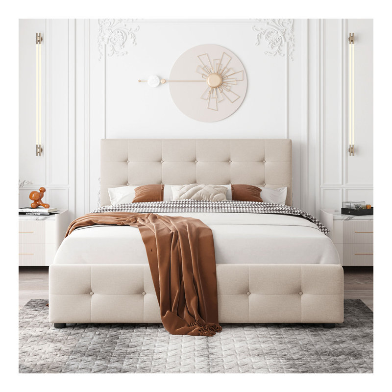 Lit plateforme tapissier avec tête de lit classique et 4 tiroirs, aucun sommier nécessaire, tissu en lin, beige grand, Beige