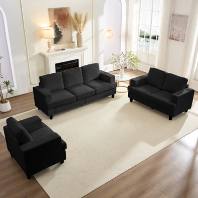 Chenille 3-Piece Sofa Set for Small Spaces - Apartment Size (Sofa+Love Seat+Armchair), Removable Washable Covers, Solid Wood Frame, Compact Living R by Latitude Run