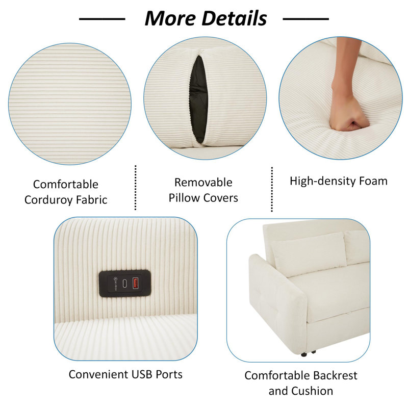 Isel 57'' Sofa Bed Sleeper Loveseat with USB Port and Two Pillows, Beige Corduroy