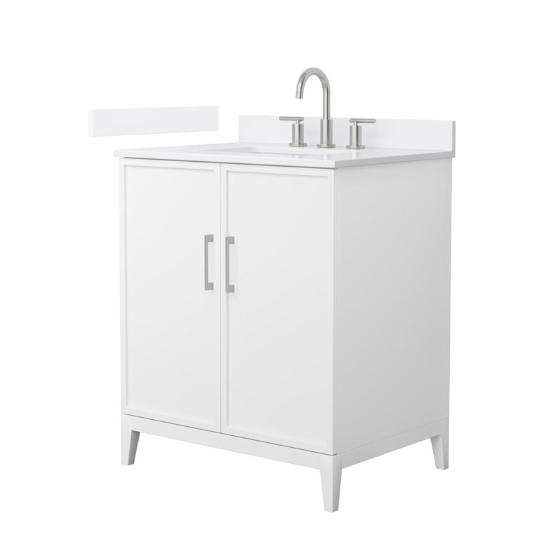 Elan 30'' Single Bathroom Vanity with Quartz Top, White, Brushed Nickel, 8" Center