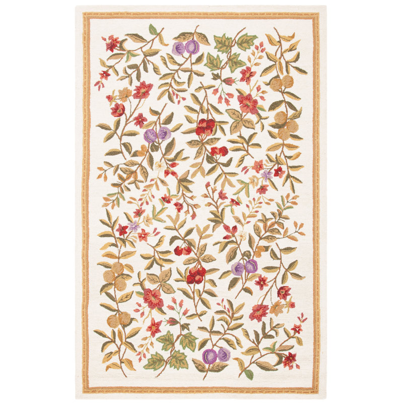 Kinchen Hand Hooked Wool Pile Floral Rug, Rectangle 9' x 12'