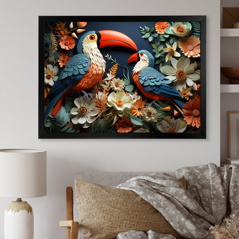 Bleu et rose, tropiques, toucan, collage II - art mural toucan, Cadre d'angle fermé noir, H 34 po x l 44 po x P 1,5 po