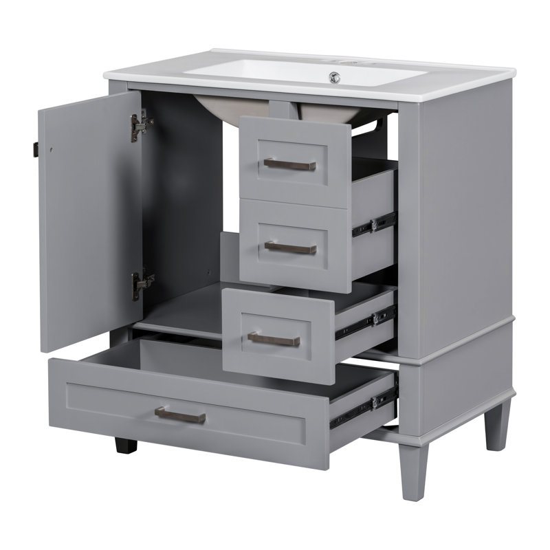 Meuble-lavabo 30 po en céramique avec tiroir, porte et armoire de rangement, Argent argent, Gris