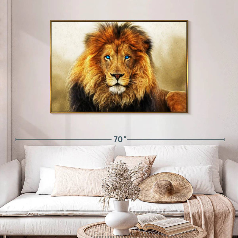 Lion aux yeux bleus, 46 po x 31 po, Cadre flottant doré