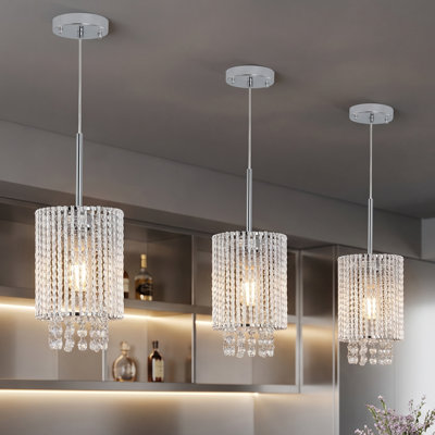 3 Pack 5.1" Chrome Crystal Bead Strand Chandeliers, Modern Drum Mini Pendant Light