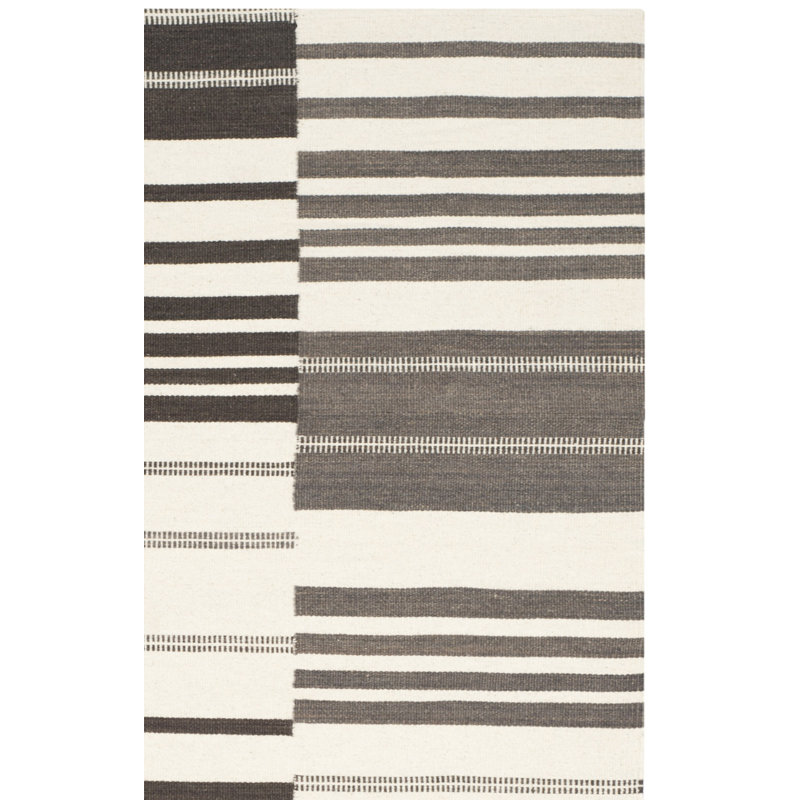 Kilim Hand Woven Flat Weave Wool/Cotton Striped Rug in Ivory/Brown, Rectangle 4' x 6'