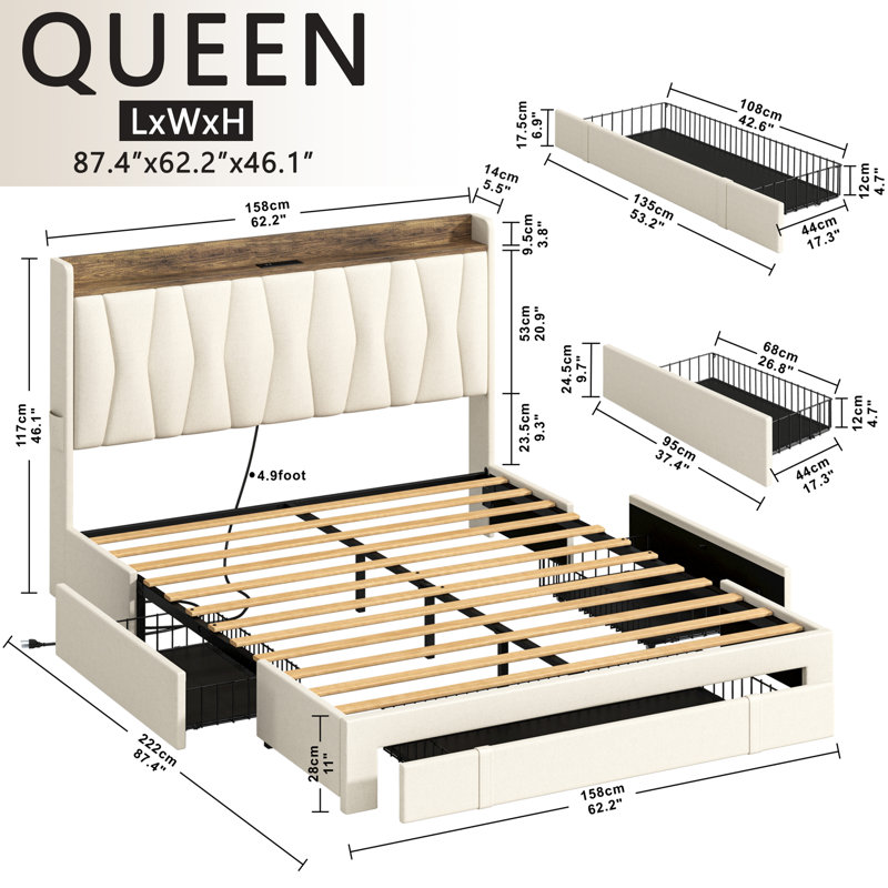 Upholstered Bed Frame with 3 Drawers, Bed with Storage Headboard and Charging Station