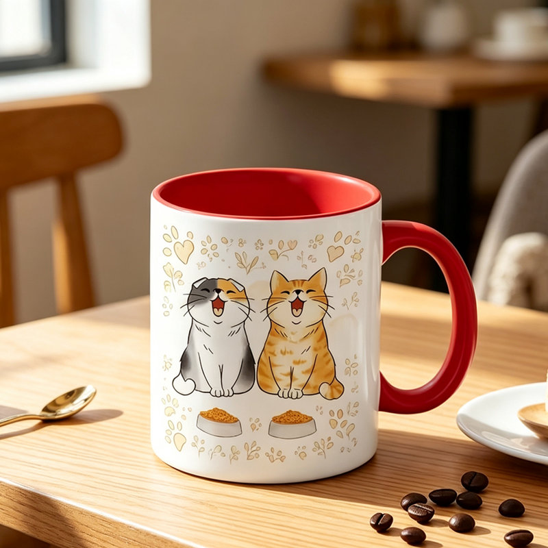 Cute Ceramic Mug with Happy Cartoon Cats And Food Bowls Design - Perfect Gift for Cat Lover on Birthday.