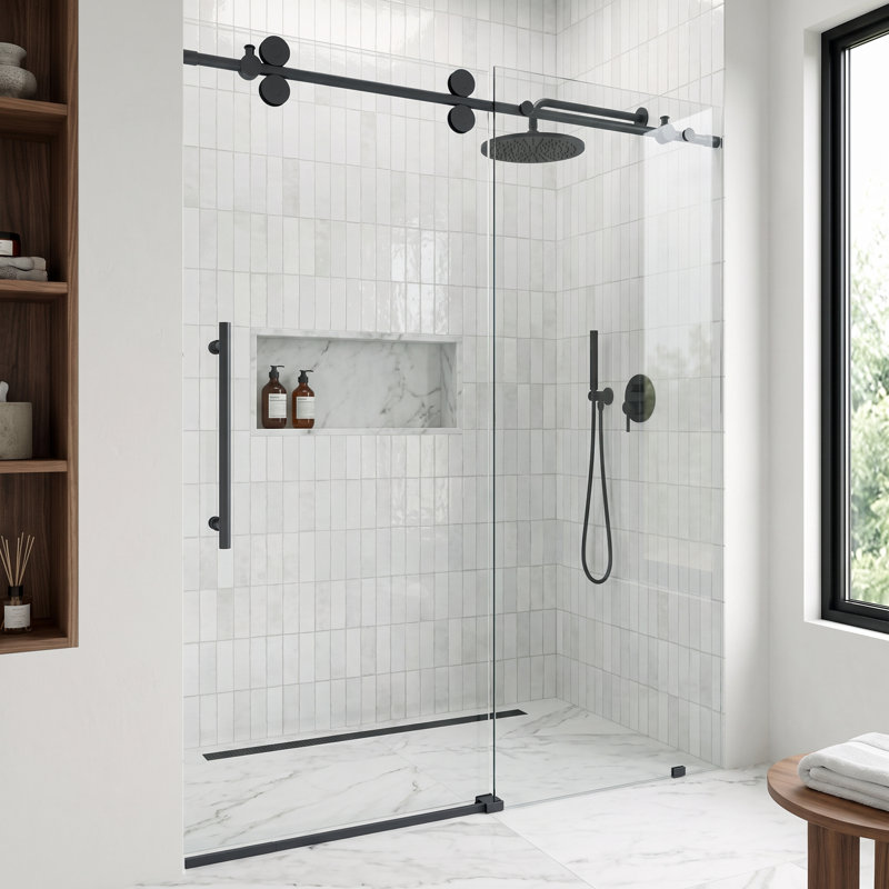 Porte de douche coulissante sans cadre avec verre transparent 3/8 po l 56-60 po x H 74 po Elan, Noir mat