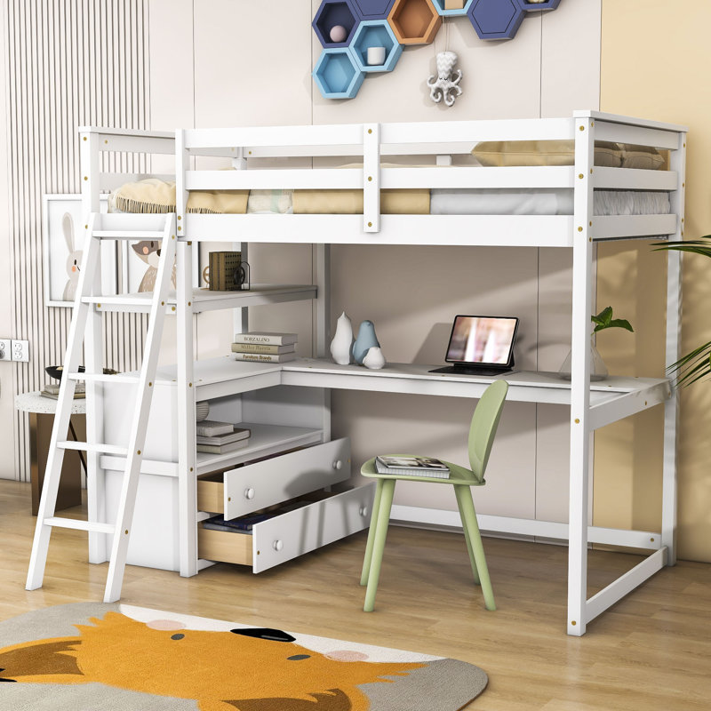 Dlayna Kids Twin Loft Bed with Drawers, White