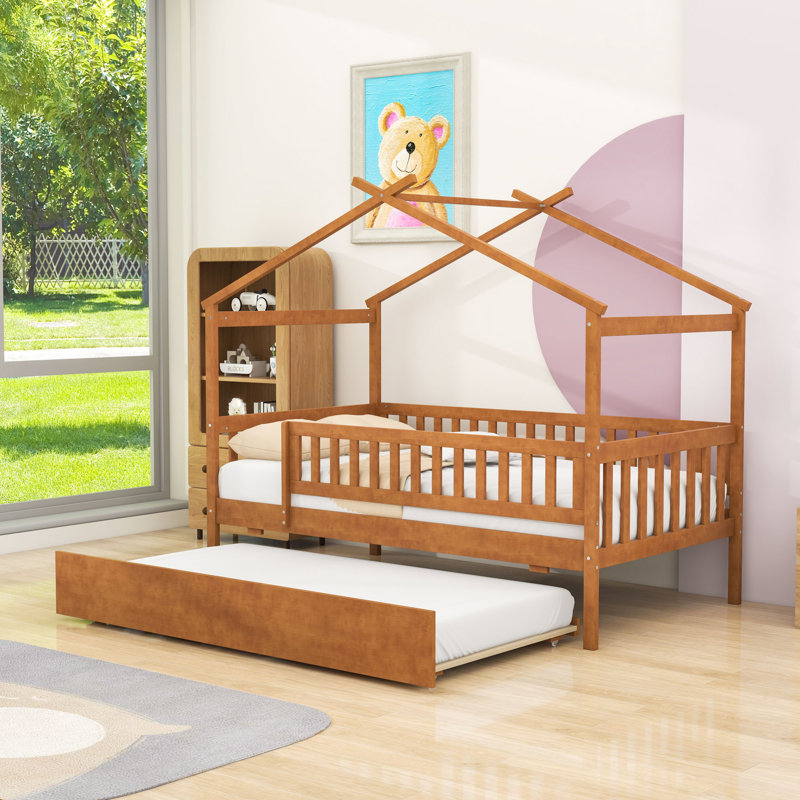 Lit simple en bois avec lit gigogne et garde-corps, Simple, Noyer