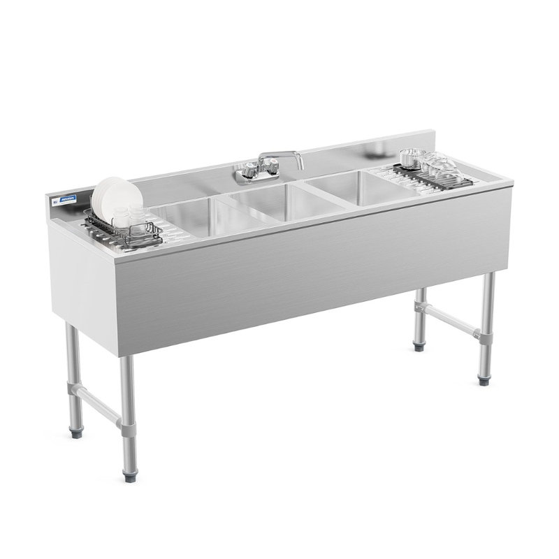 Évier de bar à 3 compartiments en acier inoxydable 304 avec double égouttoir