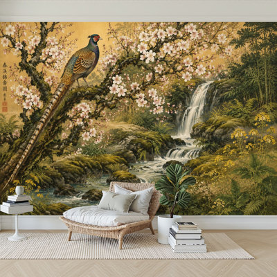 Papier peint adhésif peler et coller arbre de fleurs de cerisier, oiseau exotique, ruisseau doré, œuvre d'art, papier autocollant amovible, décoration murale pour salon, chambre à coucher H 100 po x l 144 po