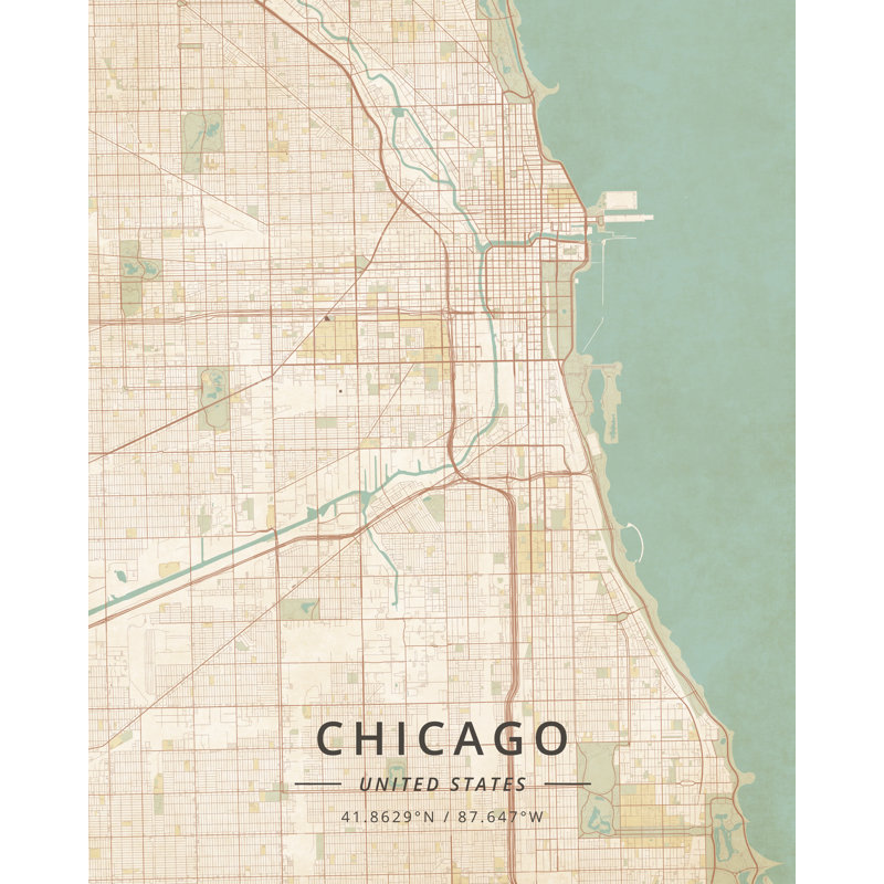 «Chicago United States Vintage» par Designer Map Art sur, Blanc, H 48 po x l 36 po, Papier avec cadre photo en érable