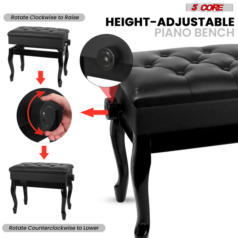 5 Core Piano Bench Wooden Height Adjustable Stool Heavy Duty Keyboard Seat with Storage Jaeleen, Black