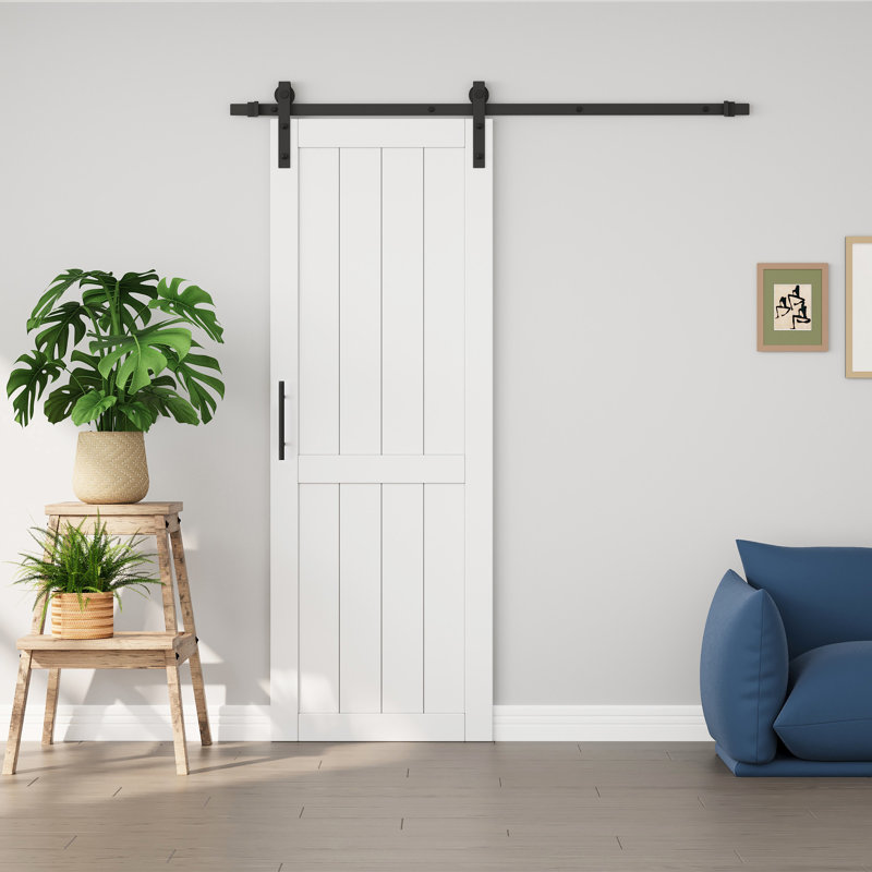 Porte de grange coulissante de 84 po en bois manufacturé à surface blanche avec garde-robe d'intérieur et trousse de quincaillerie (poignée double face incluse)