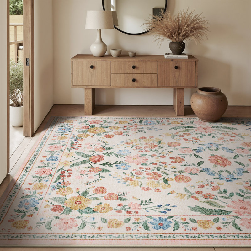 Tapis lavable antidérapant doux à motif floral beige et rosé, Rectangle 9 pi x 12 pi, Beige