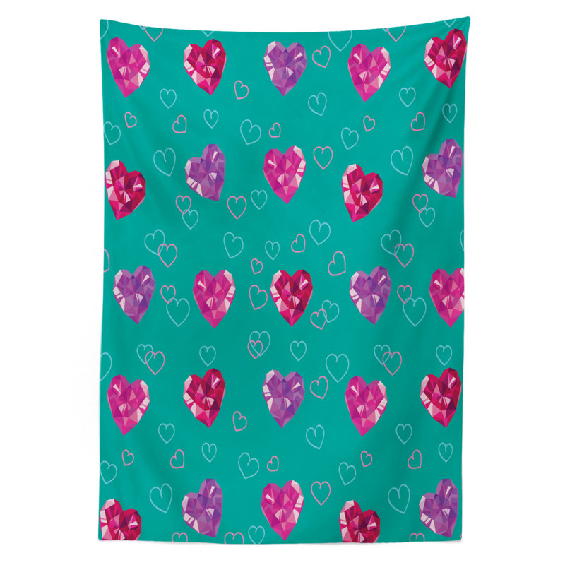 Teal Tablecloth, Crystal Hearts And Gemstone Valentine's Day Celebrating Romantic Print, Rectangular Table Cover For Dining Room Kitchen Decor, 52" X 70", Red Fuchsia Teal