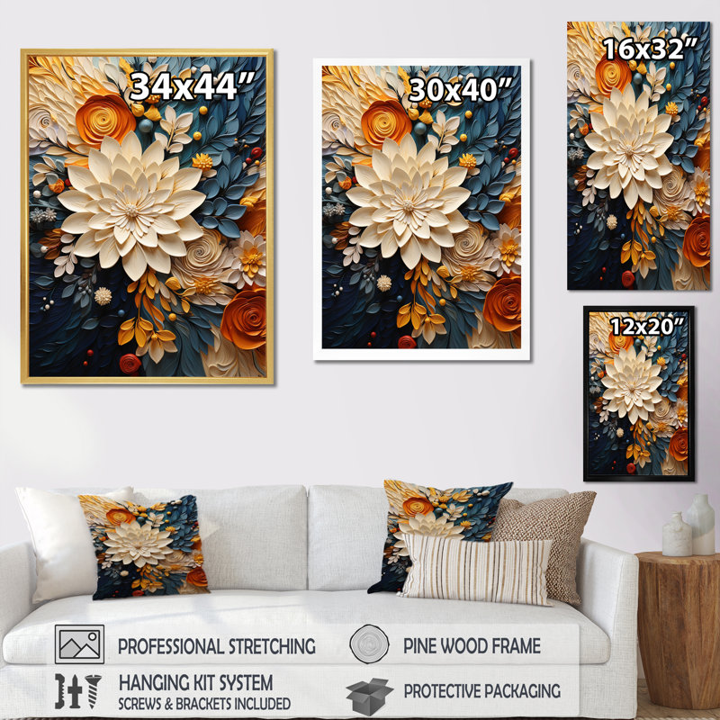 Orange Teal Botanical Whirlwind IV - Leaves Canvas wall art Botanical canvas print, Gold Single Picture Framed