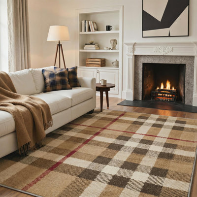 Modern Plaid Machine Washable Brown/Beige/Red Indoor Area Rug With Non-Slip Backing
