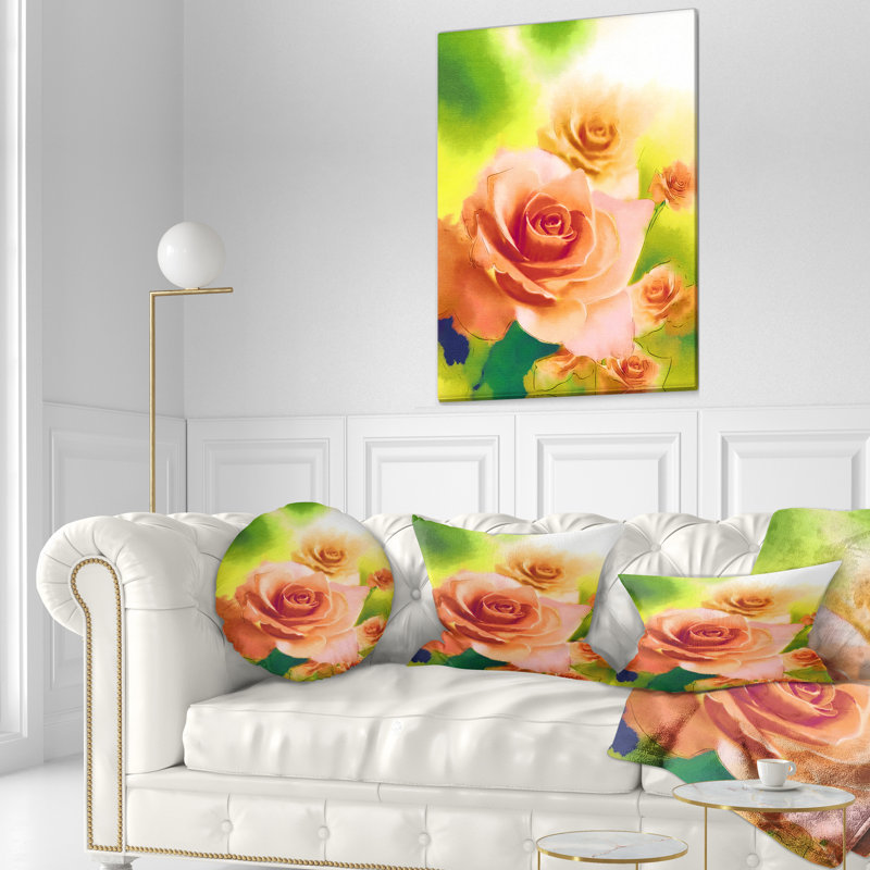 «Beautiful Watercolor Roses on Green» - Coussin décoratif à imprimé floral, 16 po x 1 po, Carré