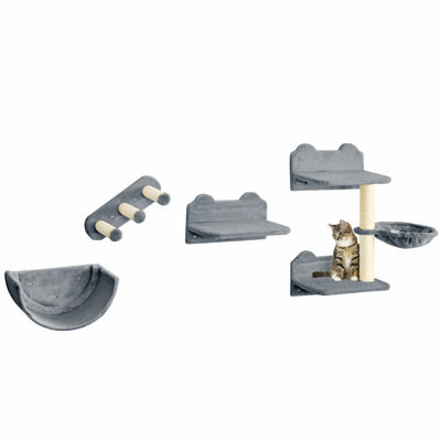 PawHut Cat Wall Shelves, 4-Piece Set with Hammock, Perches, and Scratching Post for Sleeping, Playing, and Climbing