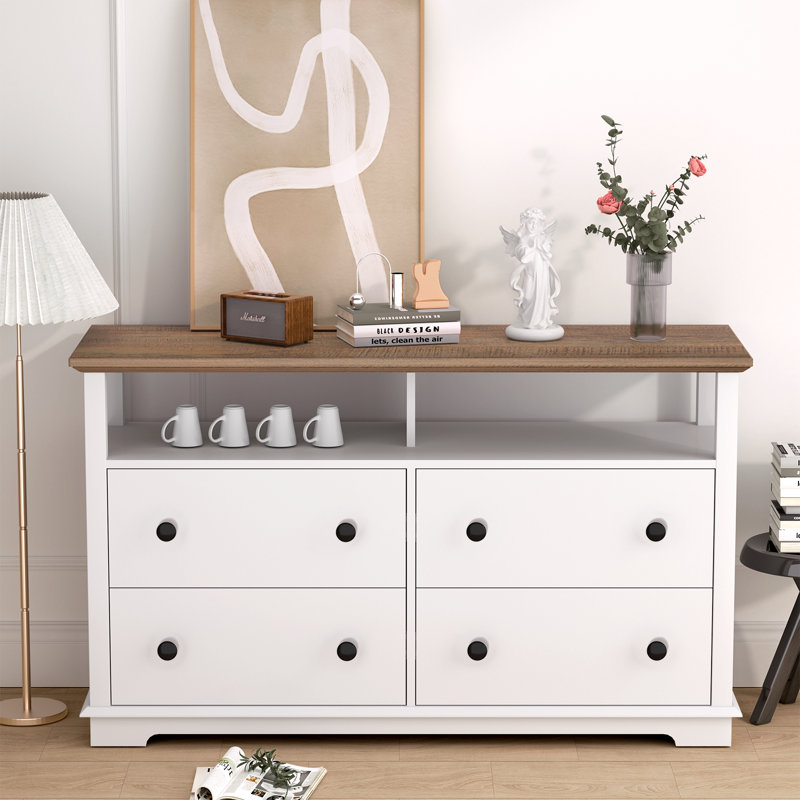 Commode double 4 tiroirs l 47,24 po, Blanc délavé