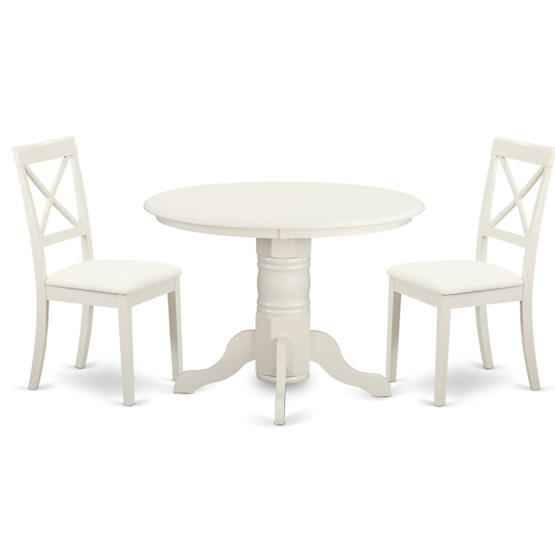 3 Piece Dinette Set for Small Spaces Contains a Round Kitchen Table with Pedestal and 2 Faux Leather Dining Chairs, Linen White