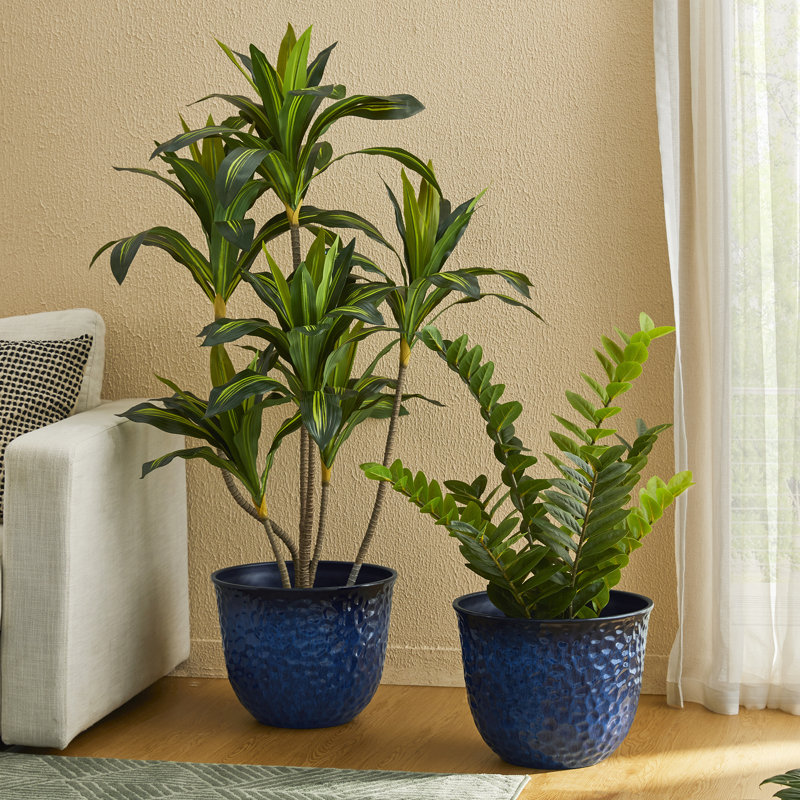 15.25"D Set Of 2 Honeycomb Textured Green Faux Ceramic Pot Plastic Planter, Blue