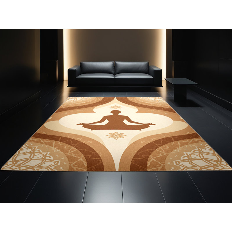 Machine Washable Paizley Lotus Meditation Pose Global Inspired Moroccan Rug in Brown – Beige Binding, 5x8