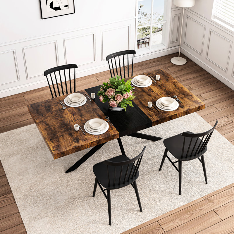 Table rectangulaire rétro avec fonction extensible, surface en bois antique et plaque en relief noire, boîte de rangement à base en fer, 6 places assises, + métal, capacité de charge de 165 lb, plateau et capacité de 165 lb, brun