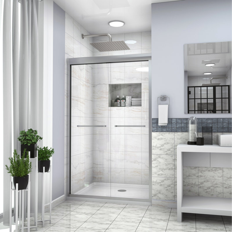 Cabine de douche coulissante demi-cadre l 48 po x H 76 po, 5/16 po (8 mm), argent brossé, Nickel brossé