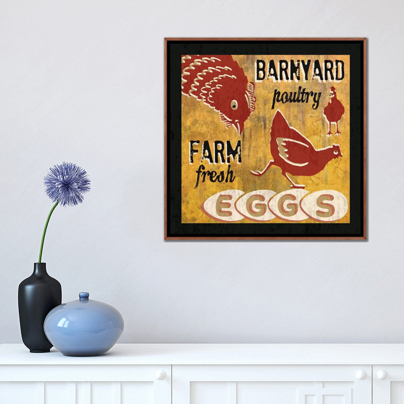 «Barnyard Poultry» par Erin Clark - reproduction d'art textuel, H 18 po x l 18 po x 1,5 po, Toile classique avec cadre brun