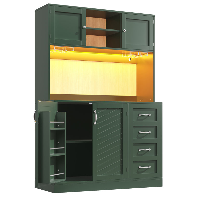 Kitchen Cabinet With Led, 4 Doors And 2 Drawers, Green