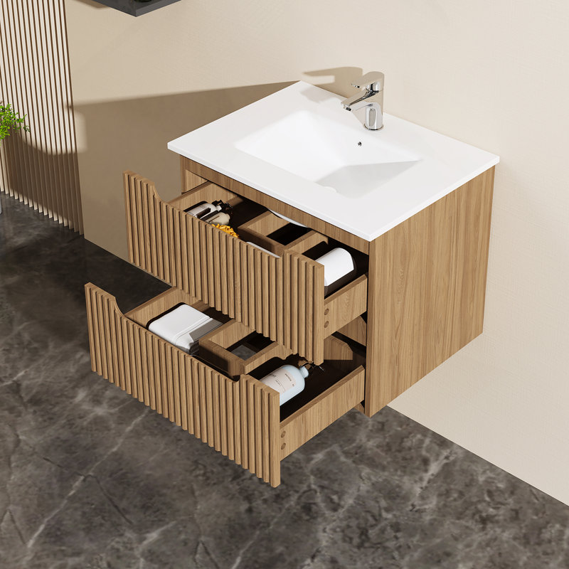 Goodyo 24" Wall-Mount Bathroom Vanity Cabinet With White Basin Sink Combo Floating, Walnut