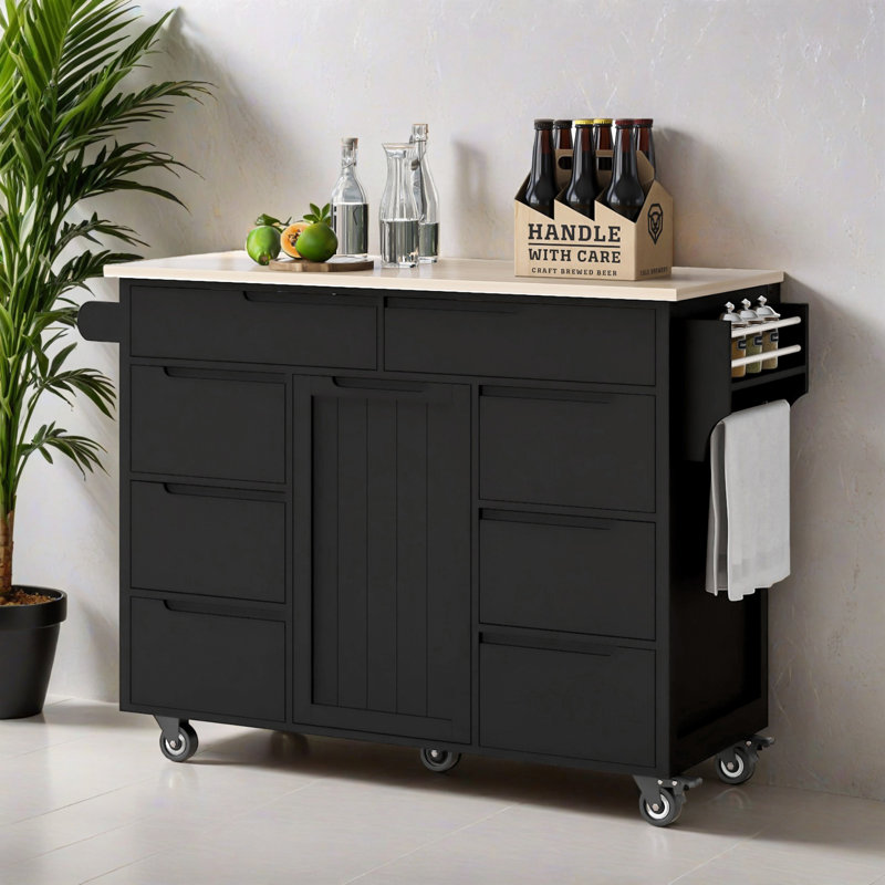 Îlot de cuisine mobile de 53,17 po avec plateau en bois massif, armoire de rangement et plateau rabattable, porte-épices, porte-serviettes pour la cuisine, la salle à manger