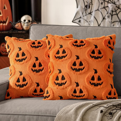 Housse de coussin décorative citrouille d'automne pour l'Halloween 50 x 50 cm orange et noir