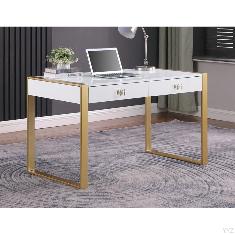 Bureau d'ordinateur moderne blanc / doré à 2 tiroirs pour bureau, salle d'étude à domicile, bureau d'ordinateur en bois laqué