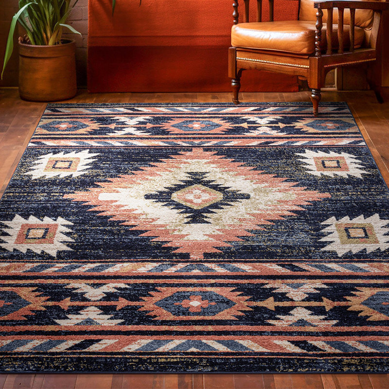 Lorelee Moroccan Southwestern Blue Beige Area Rug, Rectangle 5'3" x 7'3"