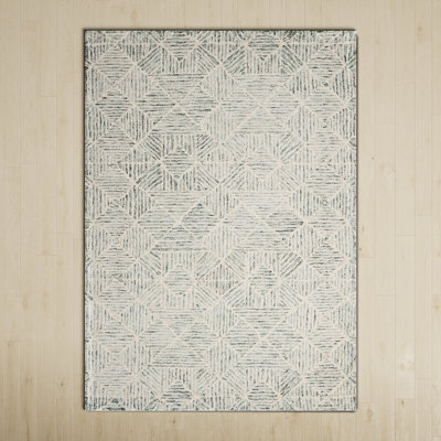 Linsly Geometric Handmade Tufted Wool/Cotton Light Green/Ivory Area Rug