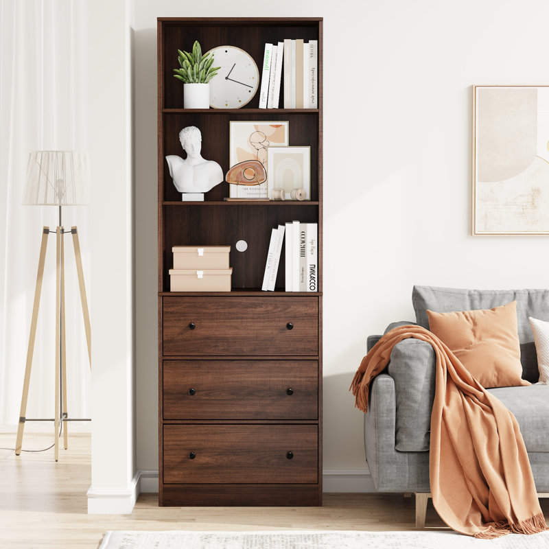 Bibliothèque standard H 70,9 po x l 23,6 po avec 2 tablettes ouvertes et 3 tiroirs, Brun