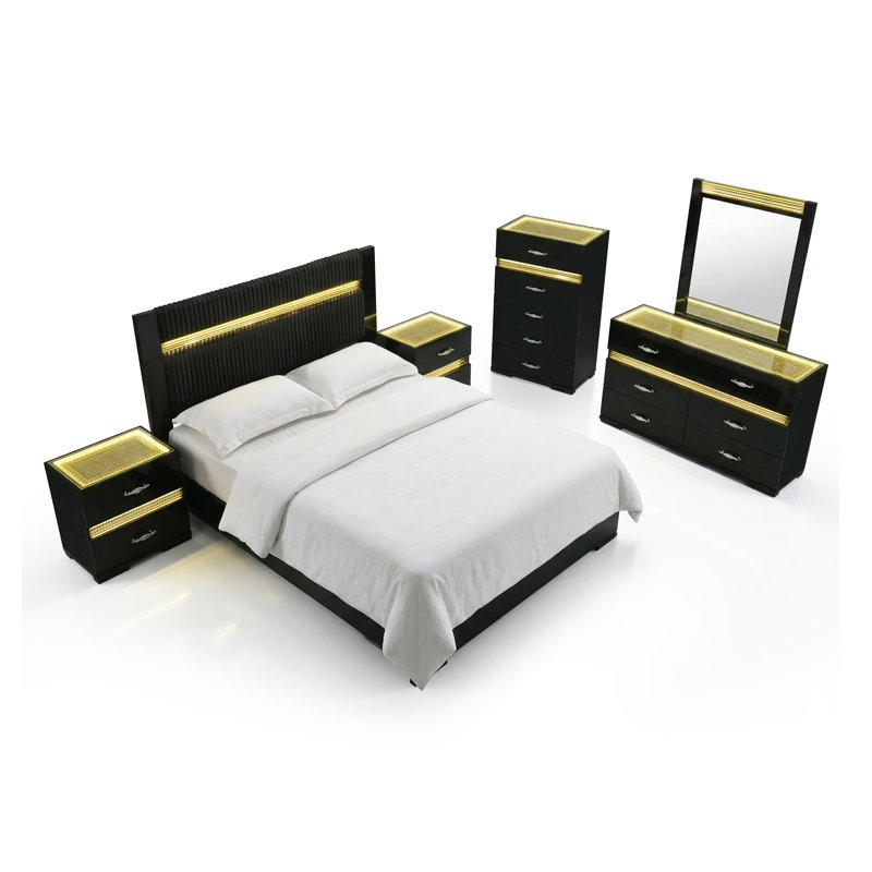 Ensemble de chambre à coucher 6 pièces avec DEL Ketron, Ensemble de six pièces : lit, deux tables de che, Très grand lit