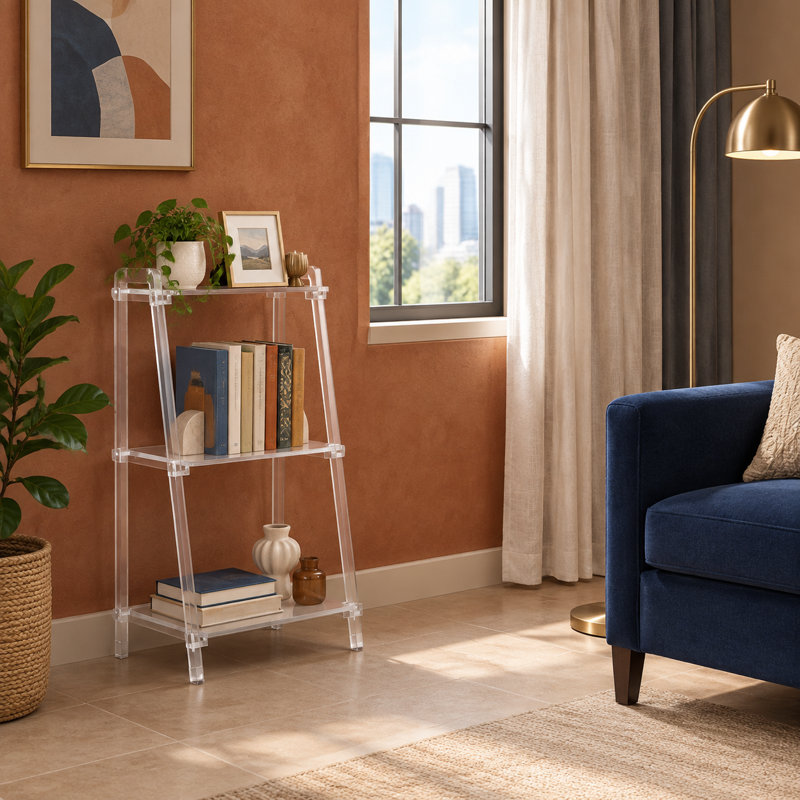 Bibliothèque échelle moderne à 3 niveaux en acrylique transparent, 29,5 cm de profondeur x 39,6 cm de largeur x 81,3 cm de hauteur, petite bibliothèque polyvalente pour salon, salle de bain ou bureau