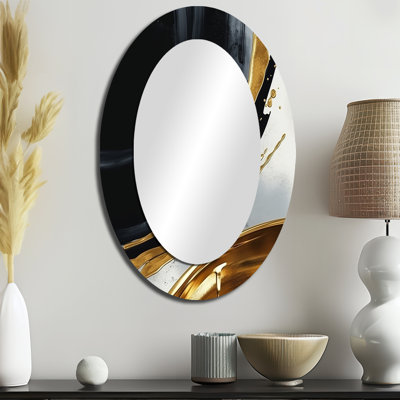 Black Gold Abstract Shapes Marble I - Black Modern Oval Wall Mirror