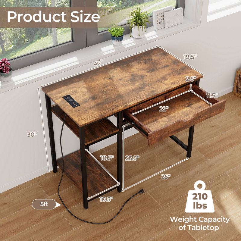17 Stories 40" Computer Desk w/ Charging Station Drawer & Adjustable Shelf Headphone Hooks