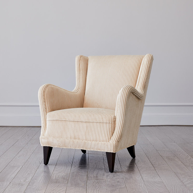 Ivory Corduroy Wingback Lounge Chair with Oiled Walnut Legs